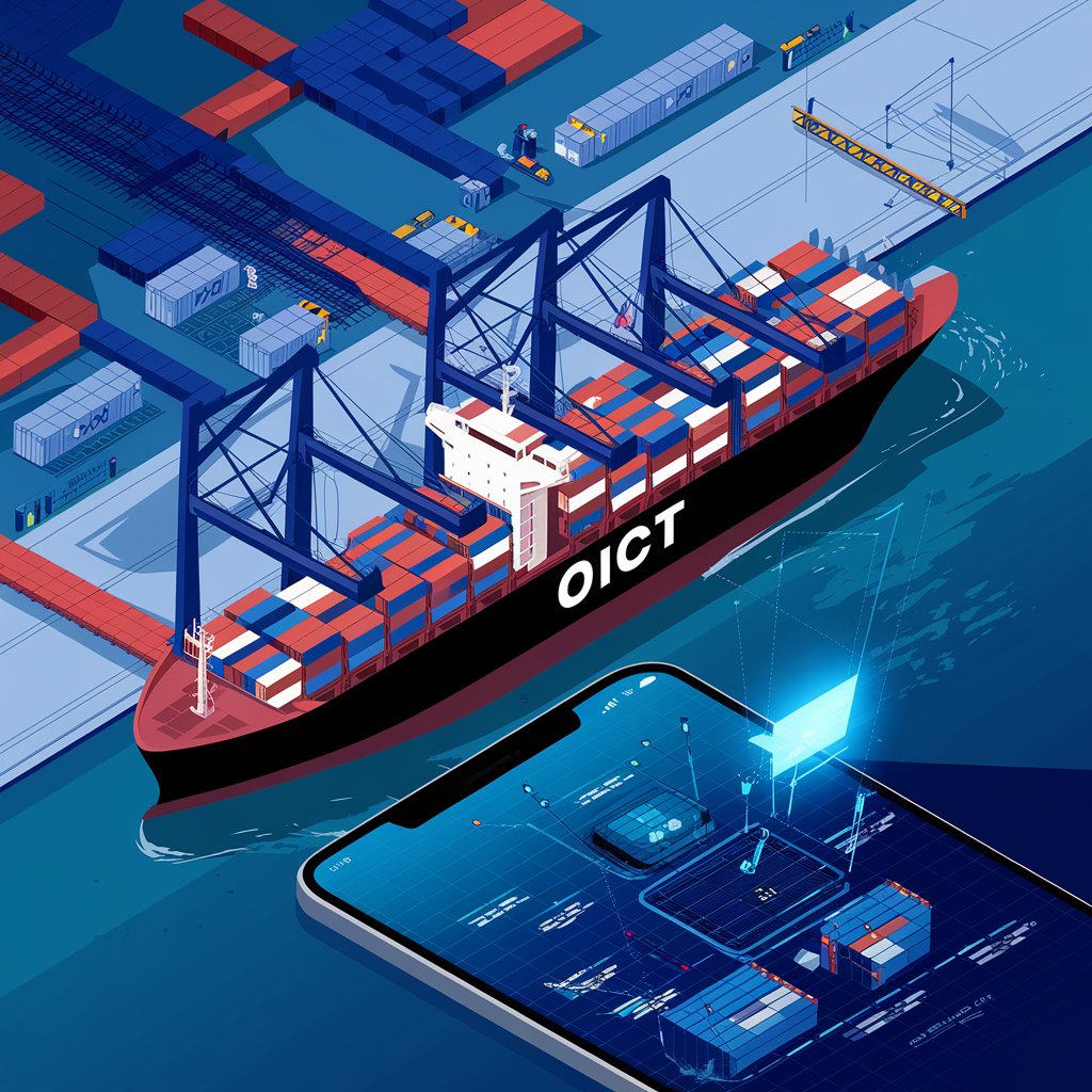 Una ilustración realista y profesional del Oakland International Container Terminal (OICT). La escena muestra un buque portacontenedores en el muelle, con grúas modernas cargando y descargando contenedores de colores vibrantes. En el fondo, se aprecia la infraestructura avanzada del terminal con áreas de almacenamiento y una interconexión ferroviaria cercana. En primer plano, un dispositivo móvil muestra un sistema de seguimiento digital en tiempo real con rutas marítimas marcadas. El ambiente transmite innovación, eficiencia logística y sostenibilidad.