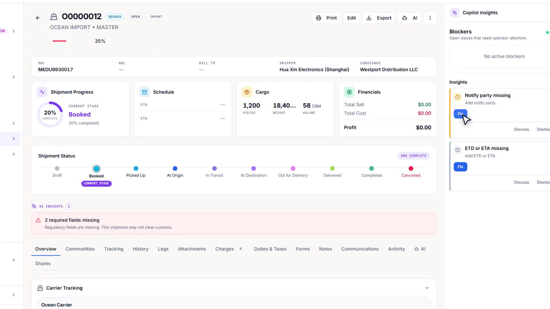 A Linbis shipment file with readiness insights — the system of record that courier-style pickups and deliveries feed into.